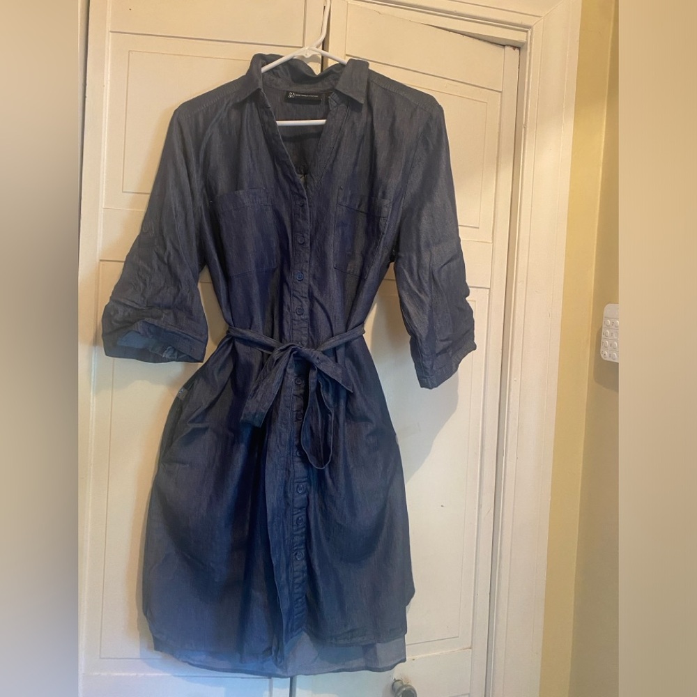 New York and Company  dark denim chambray shirt dress- size Large